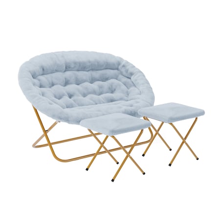 Flash Furniture Eleanor 56-in Portable Folding Double Saucer Chair w/2 Folding Ottomans, Aqua Faux Fur w/Gold Frame FV-FDS-001-2FR-DTAQ-SGD-GG